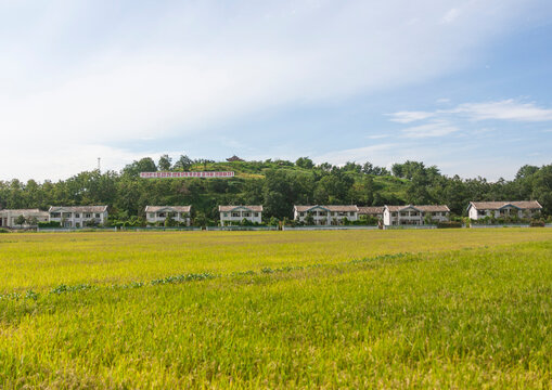 Propaganda billboards in a village, South Pyongan, Chongsan-ri Cooperative Farm, North Korea