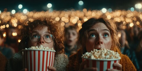Crowd enjoys movie night under twinkling lights while holding popcorn in a lively outdoor setting