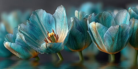 Beautiful turquoise flowers with intricate details resting on a reflective surface in a serene environment