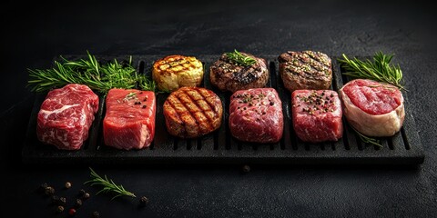 Premium cuts of beef and grilled patties displayed on a black grill tray with herbs in an elegant presentation