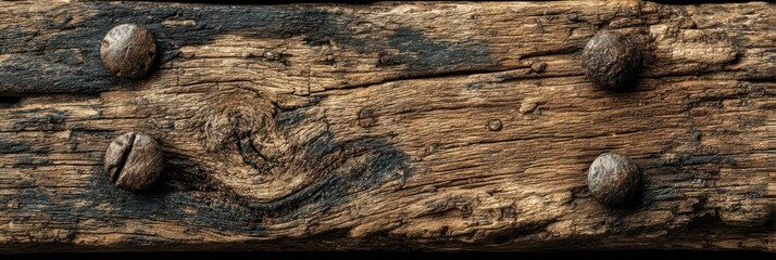 Weathered wooden plank with rusty nails showcases rustic charm and history of craftsmanship
