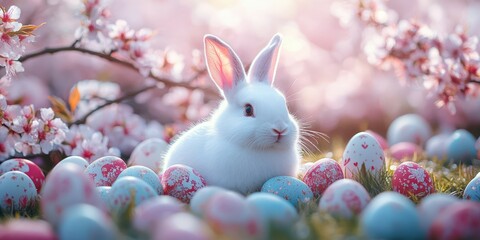 White rabbit surrounded by colorful Easter eggs in a blooming cherry blossom garden during springtime