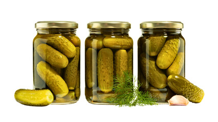Side View of Three Jars of Small Cucumber Pickles in a Row on White Background