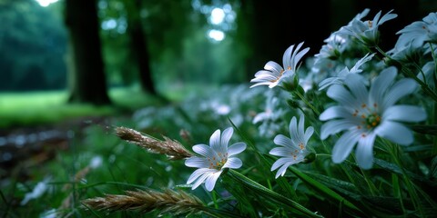 White wildflowers bloom in a lush green forest under soft natural light during the early morning