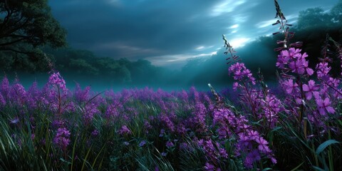 Vibrant purple flowers bloom in a serene landscape at twilight near a tranquil forest