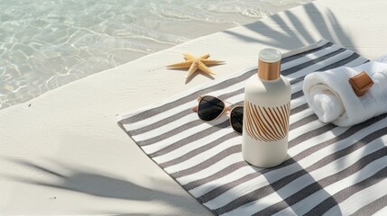 Relaxing Beach Getaway: Sunscreen, Starfish, Sunglasses, and Towel on Striped Beach Towel Beside Sparkling Turquoise Ocean for a Dream Vacation Escape