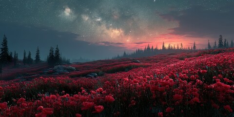 Vibrant red poppy field under a starlit sky at dusk with glowing horizon colors