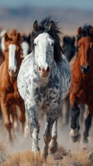 Herd of wild horses galloping across open plains during afternoon light in a vast landscape