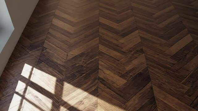 Sunlight creating shadows on herringbone parquet floor