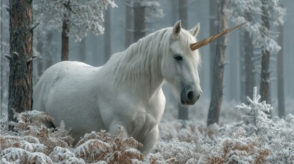 Majestic unicorn stands gracefully among frosty trees in a serene winter landscape at dawn