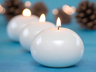 Serene White Candles on Blue Glitter Background
