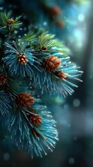 Pine tree branches glistening with dew in a serene forest setting during early morning