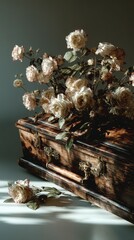 Decorative wooden box adorned with dried roses creating an artistic arrangement in soft lighting