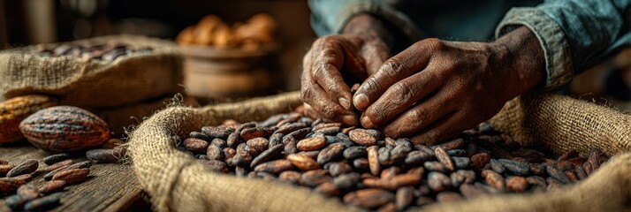 Hands sorting cocoa beans in a traditional setting showcasing artisanal craftsmanship and food culture
