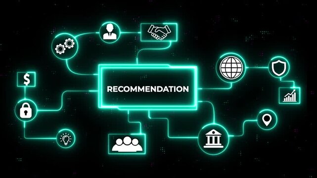 The word Recommendation on the virtual screen. Business, Technology, Internet and network concept. Abstract seamless animation of mesh dots digital luxurious wave particles flows background.