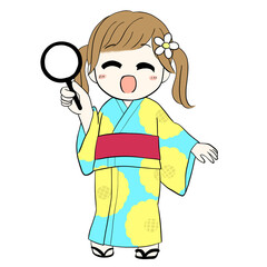Smiling Yukata Girl Holding Goldfish Scoop – Summer Festival Chibi (PNG)