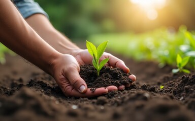 Hand of farmer inspecting soil health before planting in organic farm. Soil quality Agriculture, gardening concept. High quality