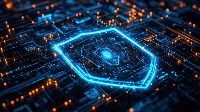 Tech Shield Network Security featuring glowing blue shield icon connected by digital lines representing cybersecurity and data safety