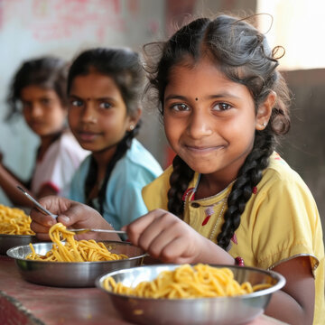 happy indian villager school children eating food at school