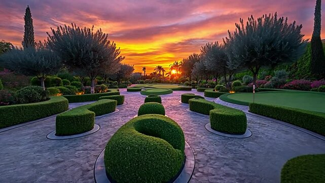 Sunset view over manicured garden with topiary bushes and trees in a formal landscape design