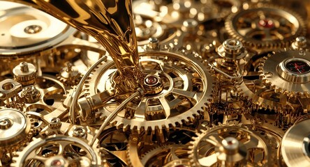 Golden liquid pouring onto intricate golden gears and cogs mechanism close up detailed view