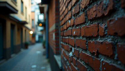 Obraz premium Atmospheric brick wall and blurred narrow street creating a sense of depth