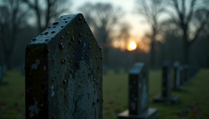 Eerie cemetery landscape featuring weathered tombstones and a setting sun in the background