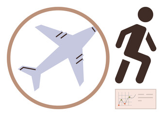 Airplane within a circle, walking figure, and chart symbolize travel, mobility, analytics, and global progress. Ideal for travel, business, innovation growth international connection logistics