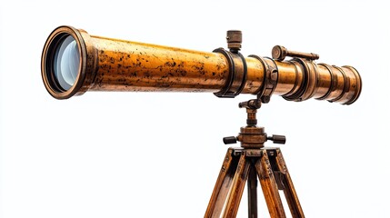 Vintage telescope on tripod setup in isolated white background scene for astronomy, exploration, or education