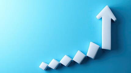 White arrow graph rising on blue background representing business growth, analytics success, and data trends