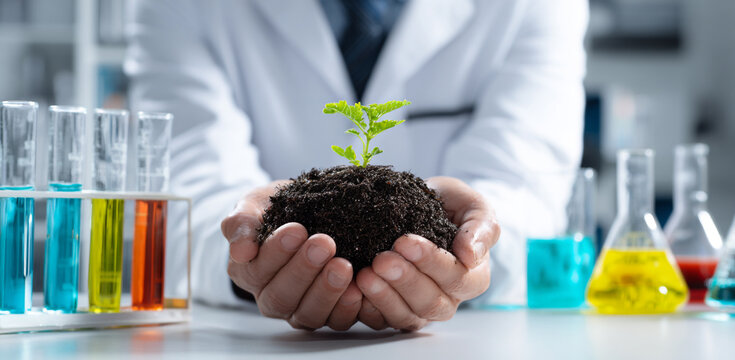 Scientist Holding Seedling in Laboratory, A gloved scientist in a white lab coat gently cups rich soil in their hands, nurturing a young green plant against a backdrop of colorful chemical flasks—symb