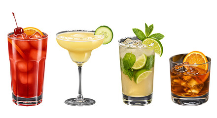 Four refreshing cocktails including a red drink with cherry and orange a yellow margarita with cucumber a mojito with mint and lime and an old fashioned with orange slice isolated on white background