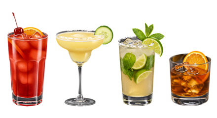 Four refreshing cocktails including a red drink with cherry and orange a yellow margarita with cucumber a mojito with mint and lime and an old fashioned with orange slice isolated on white background