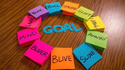 Sticky notes arranged in a circle with terms like goal, share, build, solve, align