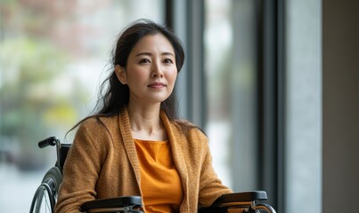 Disabled confident, independent Asian businesswoman in a wheelchair. Headshot portrait of a female with a disability in the office by a window, with copy space, Generative AI