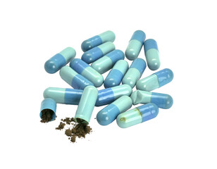 Herbal capsules are expired on transparent background
