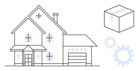 Suburban home with garage, package box, and gears representing logistics, automation, e-commerce, home delivery, shipping, technology and innovation. Ideal for concepts of efficiency progress
