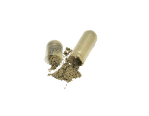 Expired herbal capsule powder on transparent background