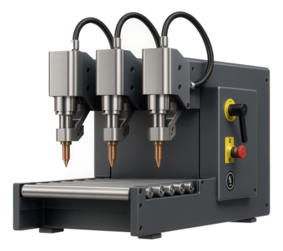 Automatic spot welding system with conveyor integration and multiple welding heads for assembly line operations.