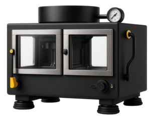 Vacuum-assisted molding machine with a dual-chamber system and transparent observation panels for quality control in casting.