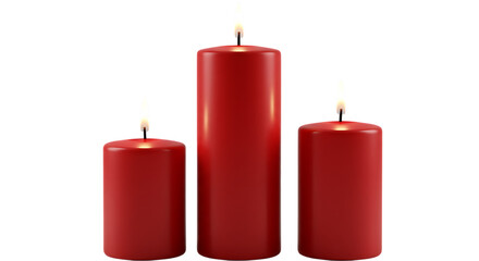Three realistic red pillar candles with lit flames in varying heights standing together isolated on white background