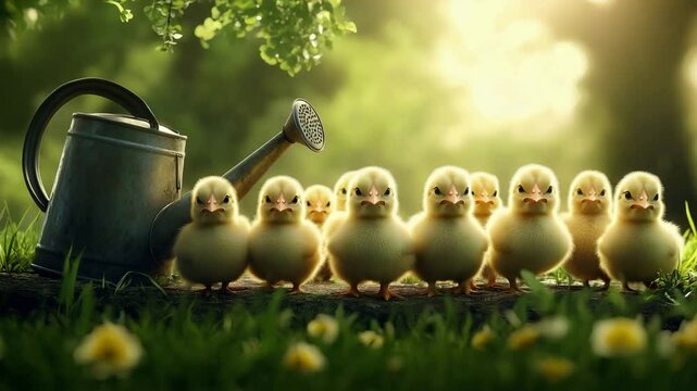 Group of cute chicks lined up beside watering can in garden  