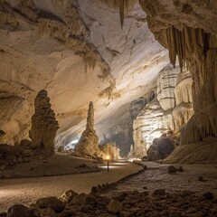 Illuminated Cave Interior with Rock Formations