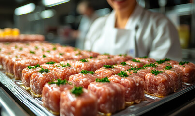 Rows of freshly prepared raw minced meat patties garnished with parsley on metal trays in professional kitchen with chef in background smiling and wearing white apron