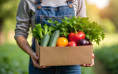 Self-sufficient organic farmer holding a box full of fresh produce. High quality