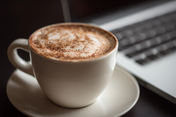 A white coffee cup with a white saucer sits on a table next to a laptop
