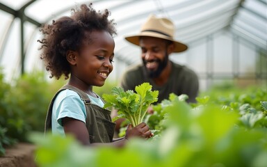 Happy little African child girl learning to grow organic vegetable with farmer in greenhouse garden. Student study agriculture subject gardening healthy food for sustainable living at agriculture farm