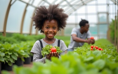 Happy little African child girl learning to grow organic vegetable with farmer in greenhouse garden. Student study agriculture subject gardening healthy food for sustainable living at agriculture farm