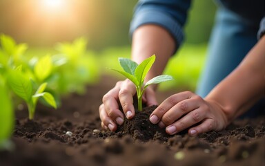 Farmer's Hands Planting Seedling in Regenerative Agriculture Field: Close-Up Shot. Sustainable Farming and Eco-Friendly Agriculture Concept. High quality