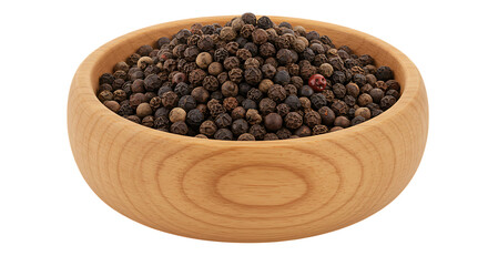 A full wooden bowl overflowing with whole black peppercorns a popular spice for seasoning food isolated on white background